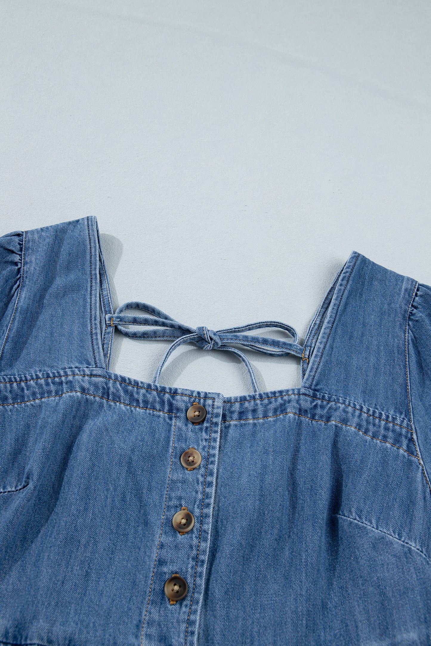 Denim Button Square Neck Puff Sleeve Mini Dress