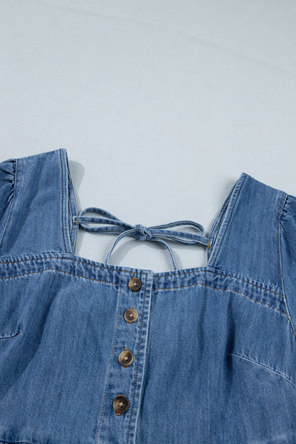 Denim Button Square Neck Puff Sleeve Mini Dress