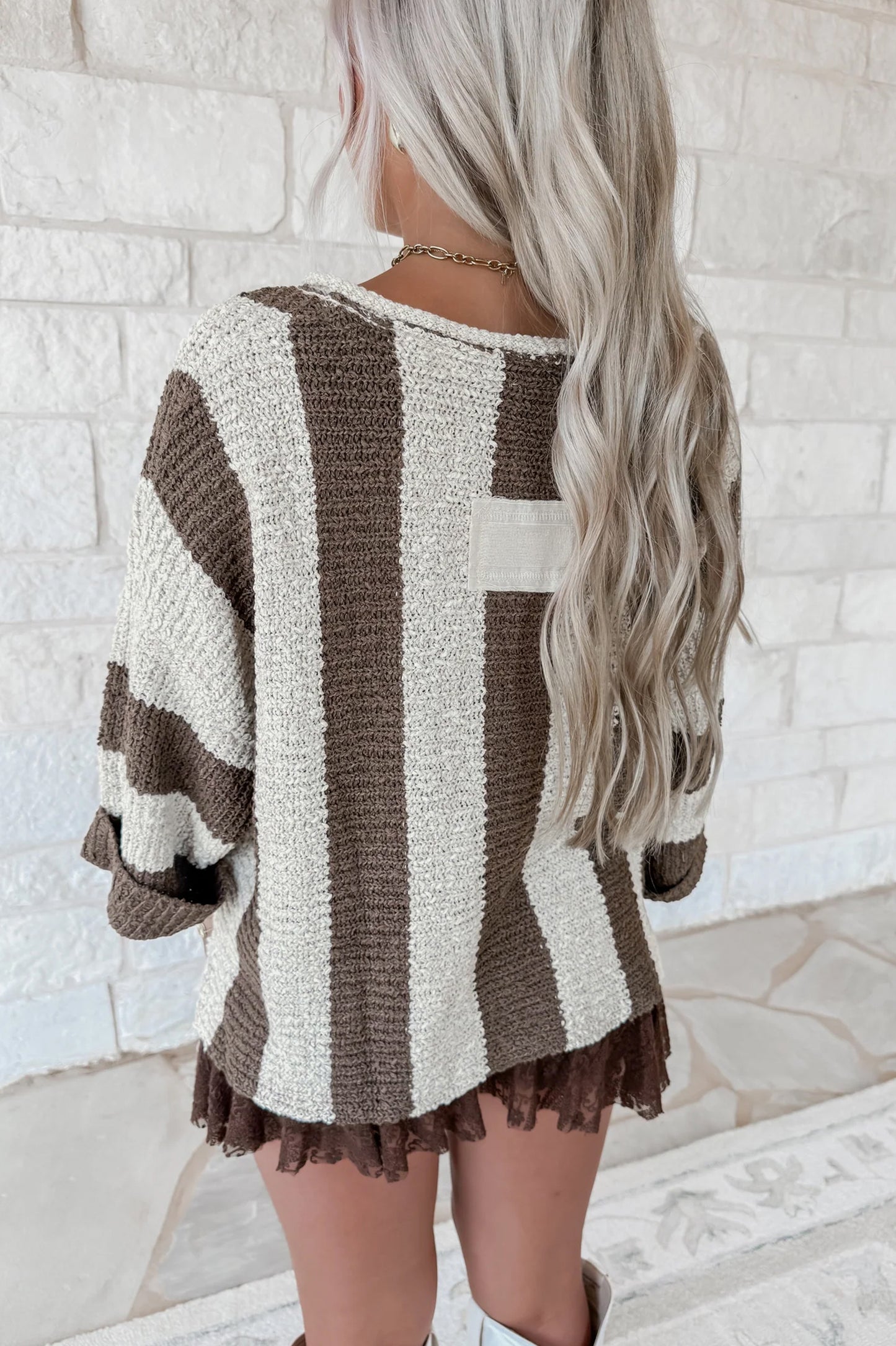 Colorblock Stripe V-Neck 3/4 Sleeve Sweater