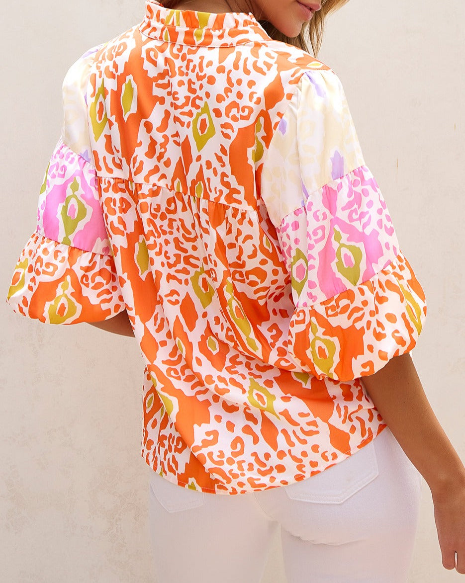 Leopard Colorblock Puff Sleeve Blouse