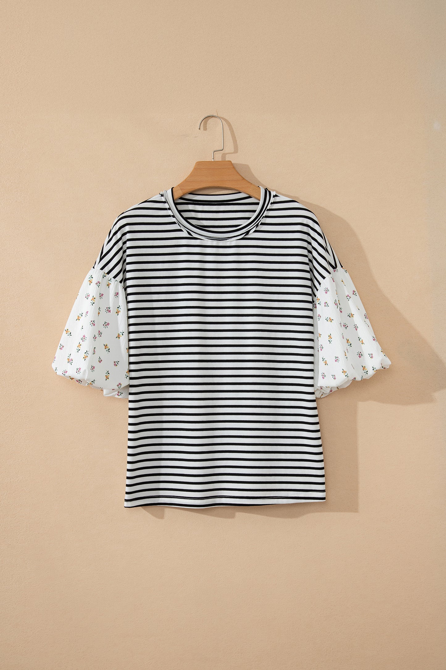 Floral Stripe Patchwork Puff Sleeve Round Neck Top