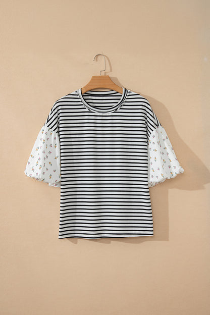 Floral Stripe Patchwork Puff Sleeve Round Neck Top