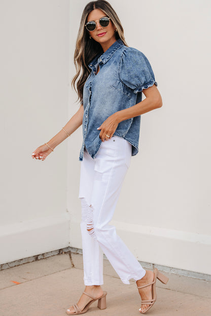 Denim Frilled Short Sleeve Snap Button Shirt