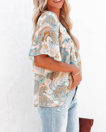 Paisley Short Bell Sleeve Blouse