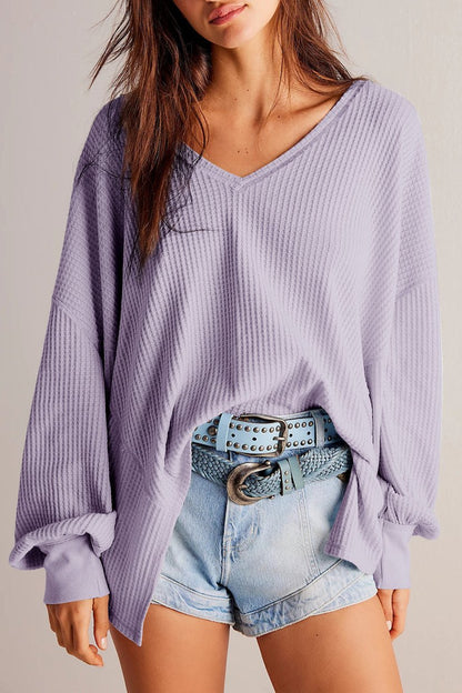 Waffle V-Neck Long Sleeve Blouse