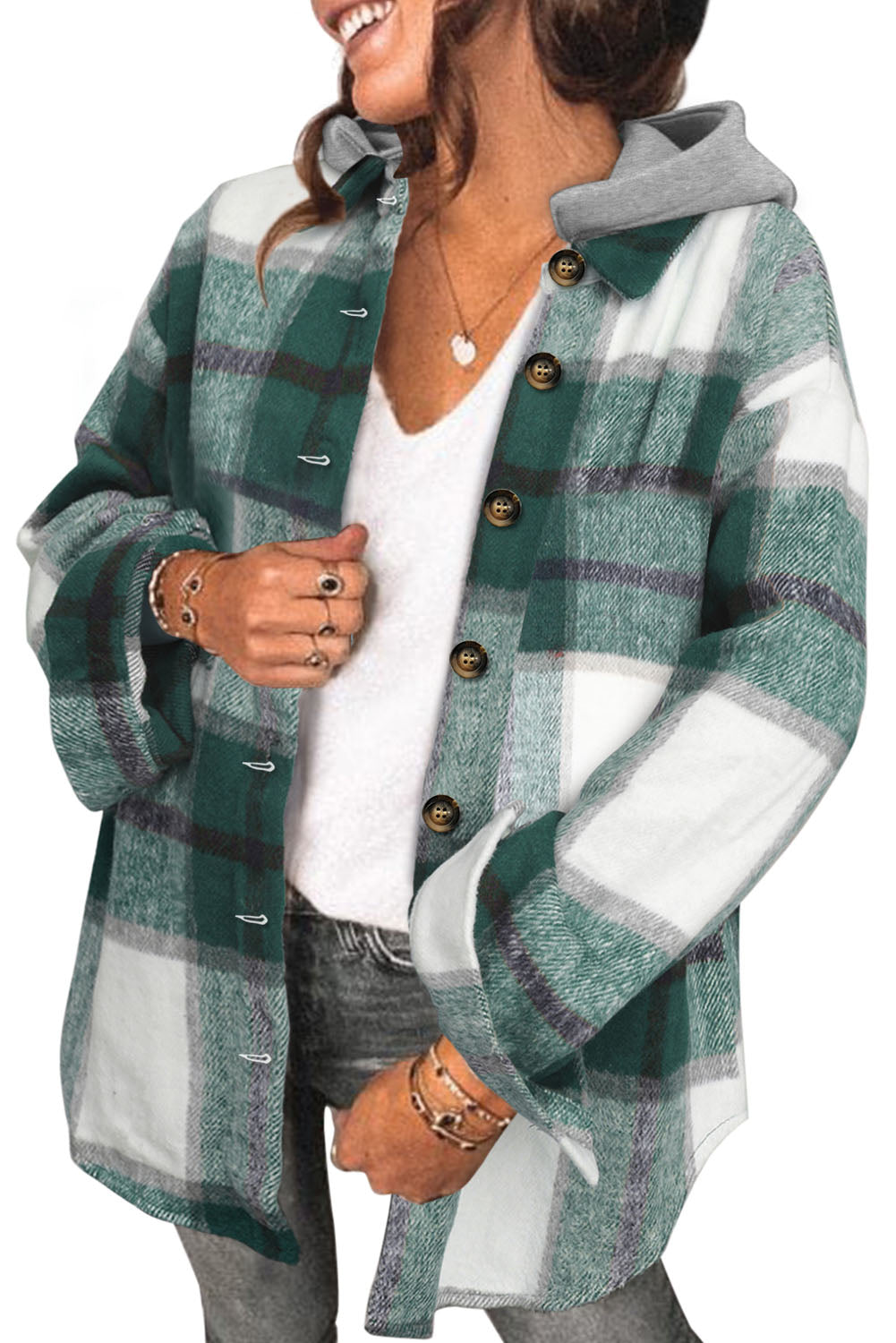 Plaid Button Front Hooded Shacket