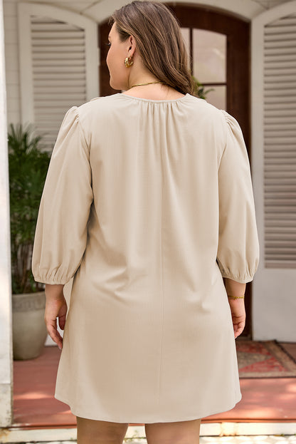 Plus Size Corduroy Scallop Notched Neck Mini Dress