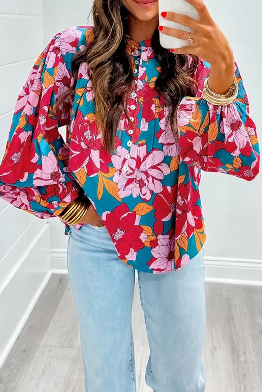 Floral Balloon Sleeve Buttoned Blouse