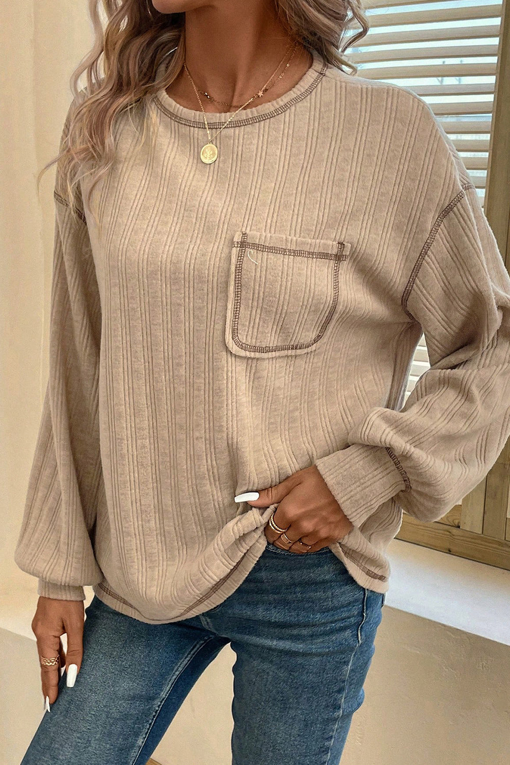 Ribbed Pocketed Long Sleeve Top