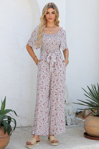 Floral Smocked Short Sleeve Wide Leg Jumpsuit