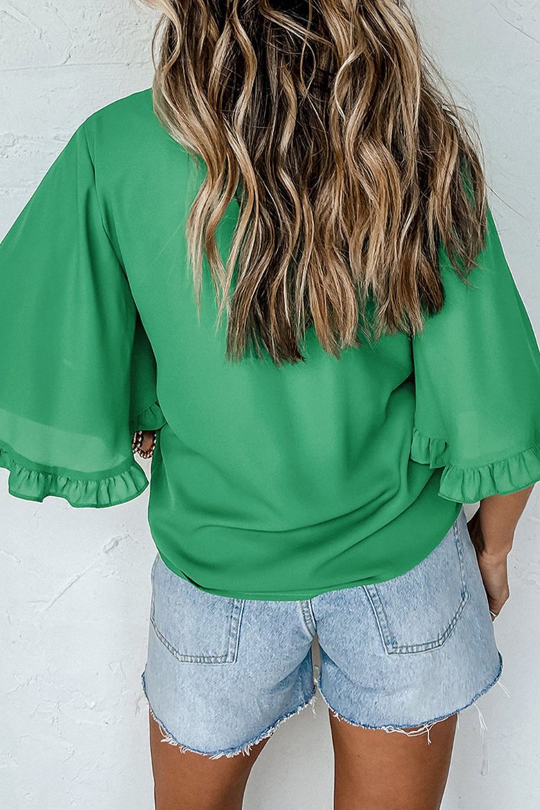 Solid 3/4 Ruffle Sleeve Blouse