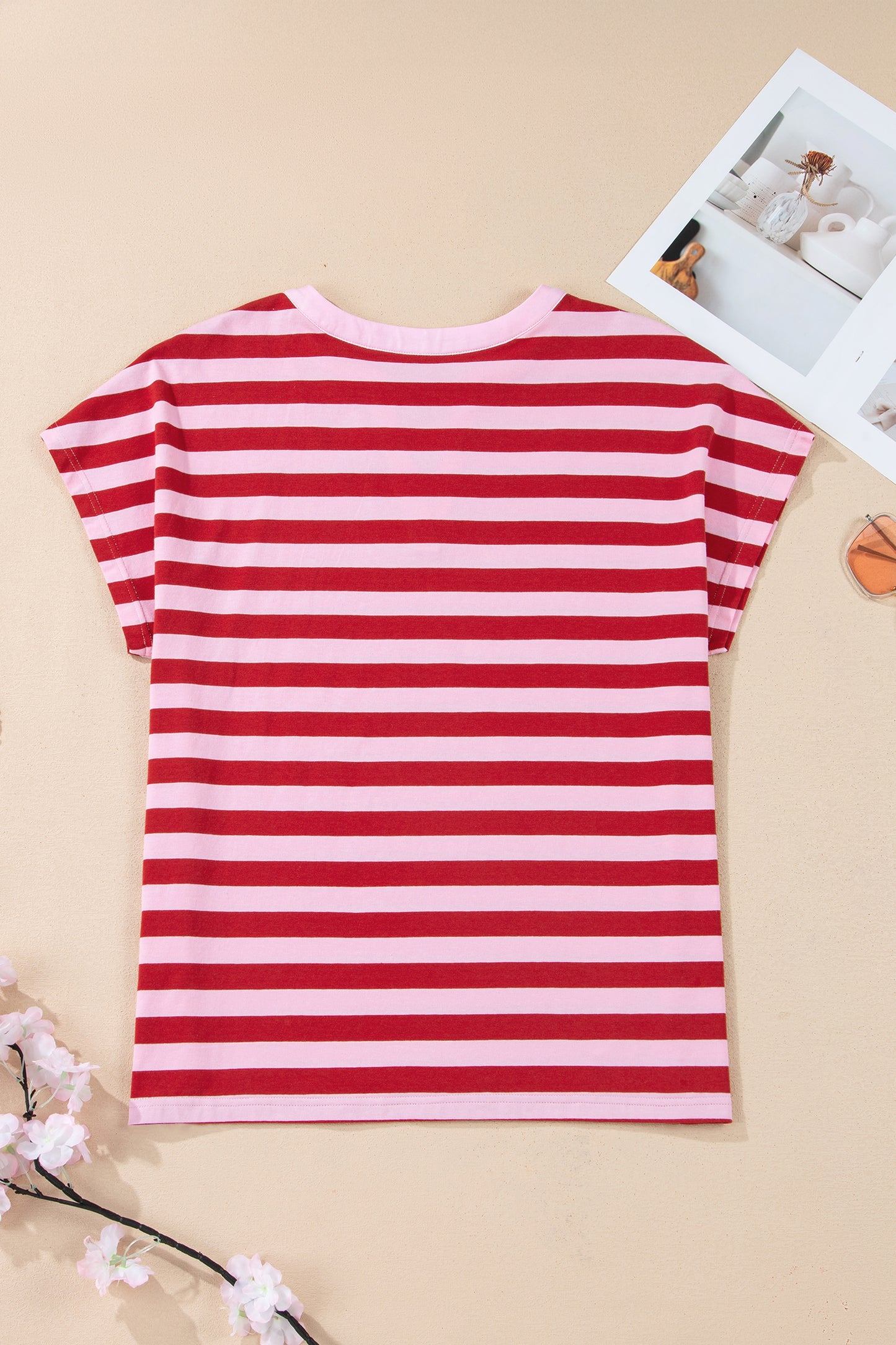 Stripe Split V-Neck Short Sleeve T-Shirt