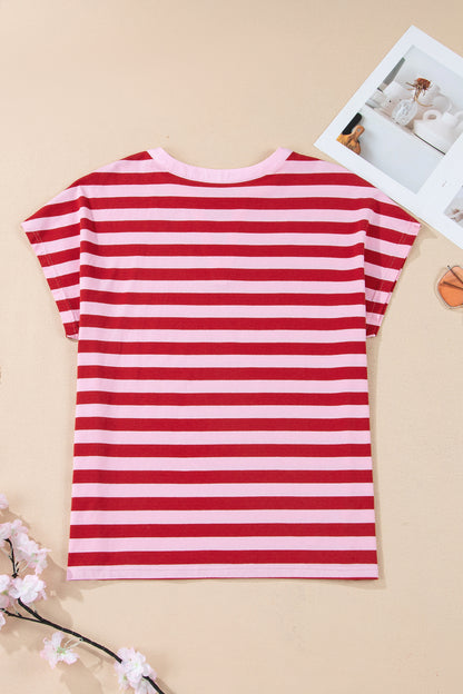 Stripe Split V-Neck Short Sleeve T-Shirt