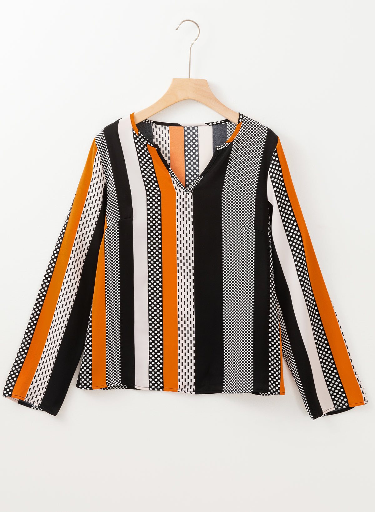 Geometric Colorblock Notched V-Neck Blouse