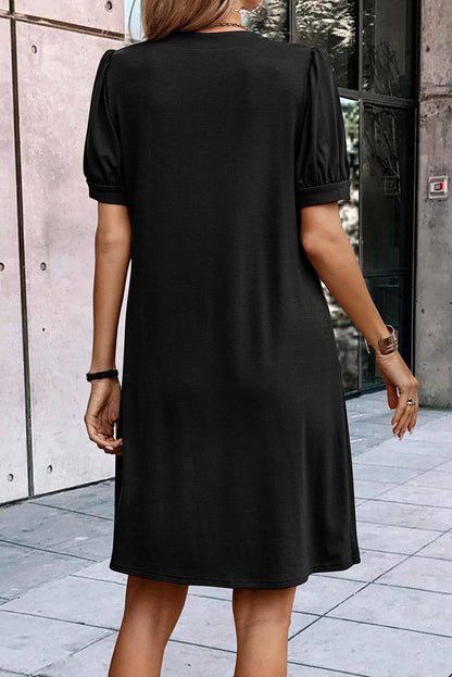 Pleated Notched Neck Shift Dress