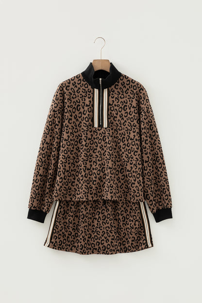 Leopard Quarter Zip Top & Mini Skirt Set