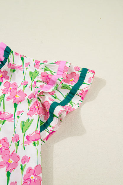 Floral Contrast Trim V-Neck Ruffle Short Sleeve Blouse