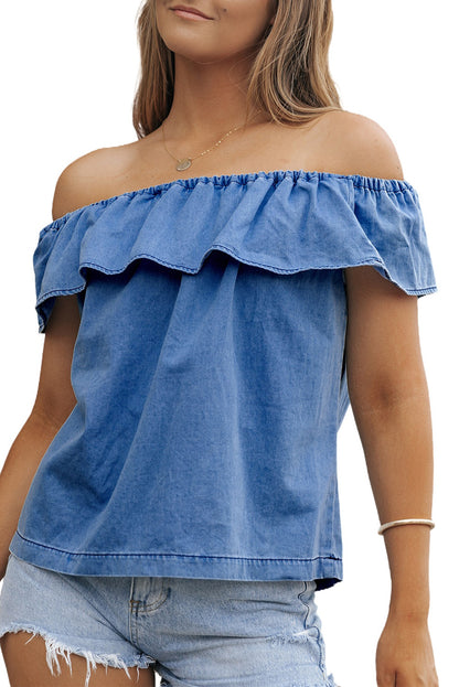 Denim Ruffle Off Shoulder Top