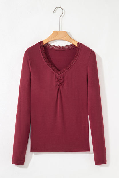 Lace Trim Ruched V-Neck Long Sleeve Top