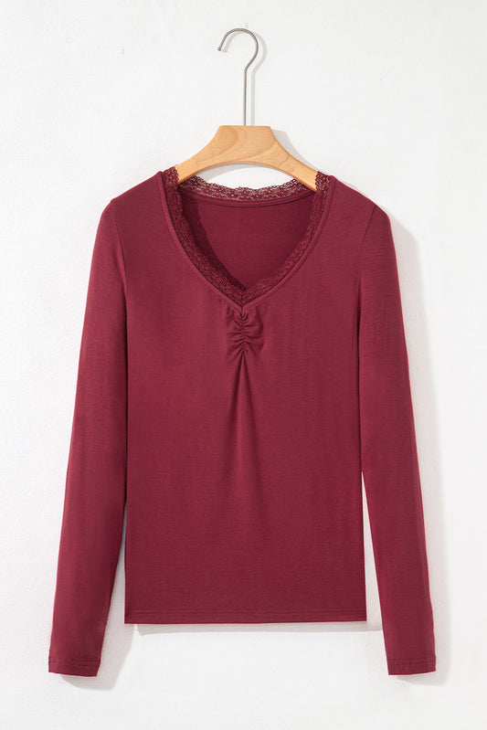 Lace Trim Ruched V-Neck Long Sleeve Top