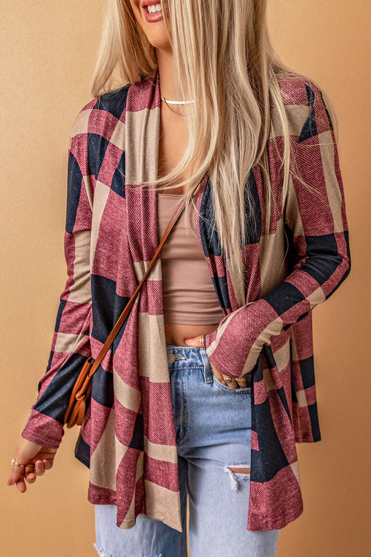 Plaid Draped Open Front Cardigan