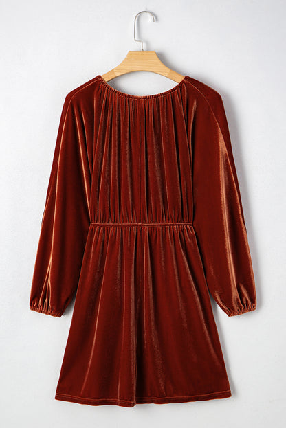 Velvet Elastic V-Neck Puff Sleeve Mini Dress