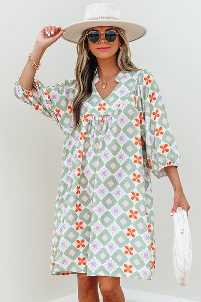 Geometric Floral 3/4 Sleeve Notched Neck Mini Dress
