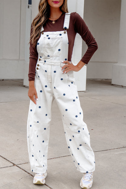 Polka Dot Denim Barrel Leg Overalls Jumpsuit
