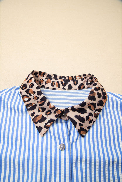 Stripe Leopard Patchwork Button-Up Shirt