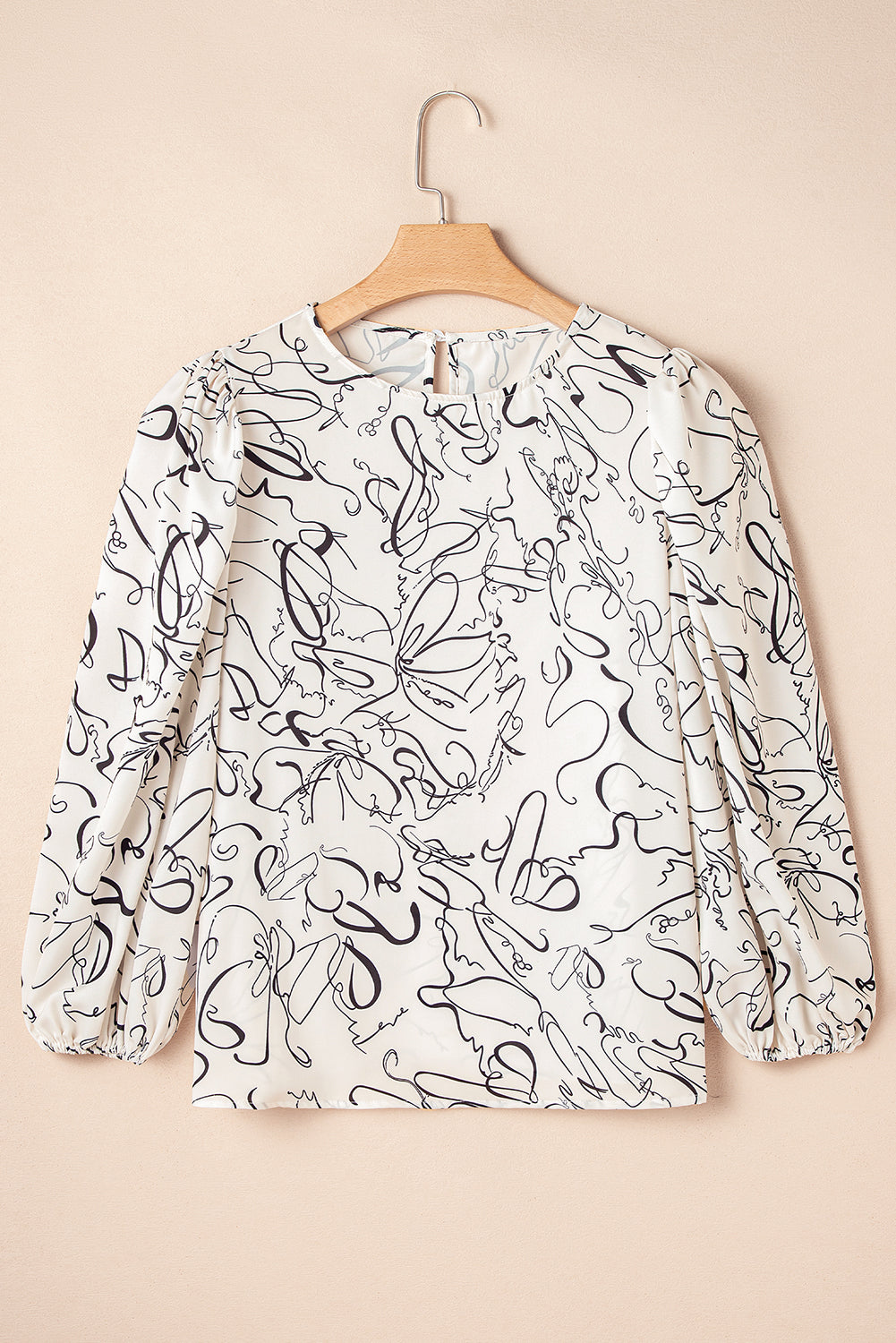 Abstract Crew Neck Balloon Sleeve Blouse