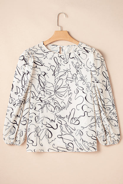 Abstract Crew Neck Balloon Sleeve Blouse