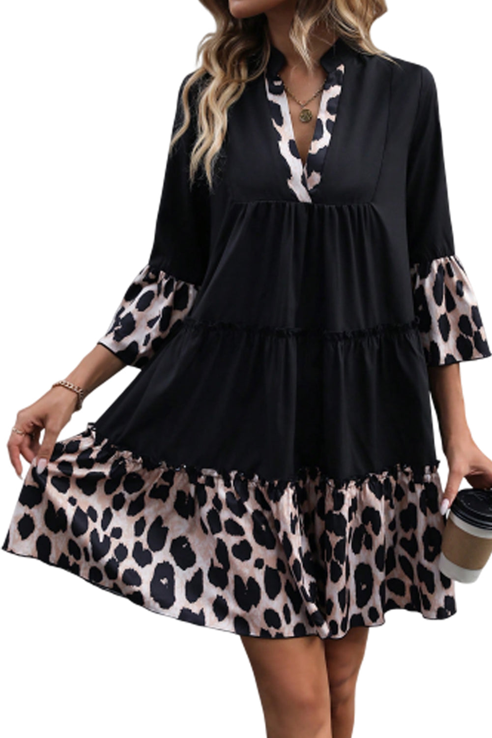 Leopard Trim V Neck Flared Dress