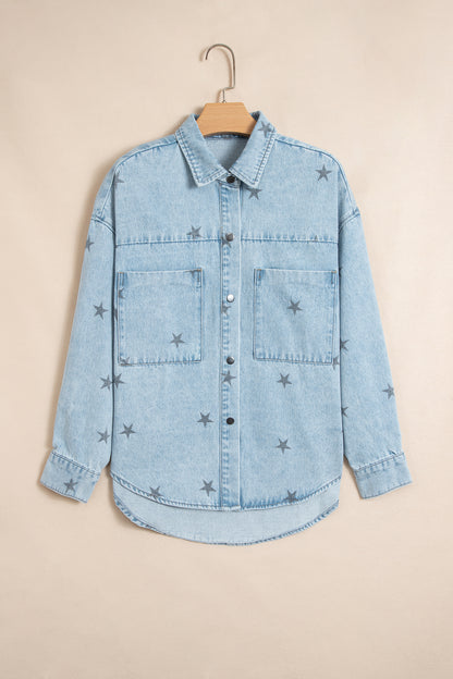 Star Denim Chest Pockets Long Sleeve Shacket