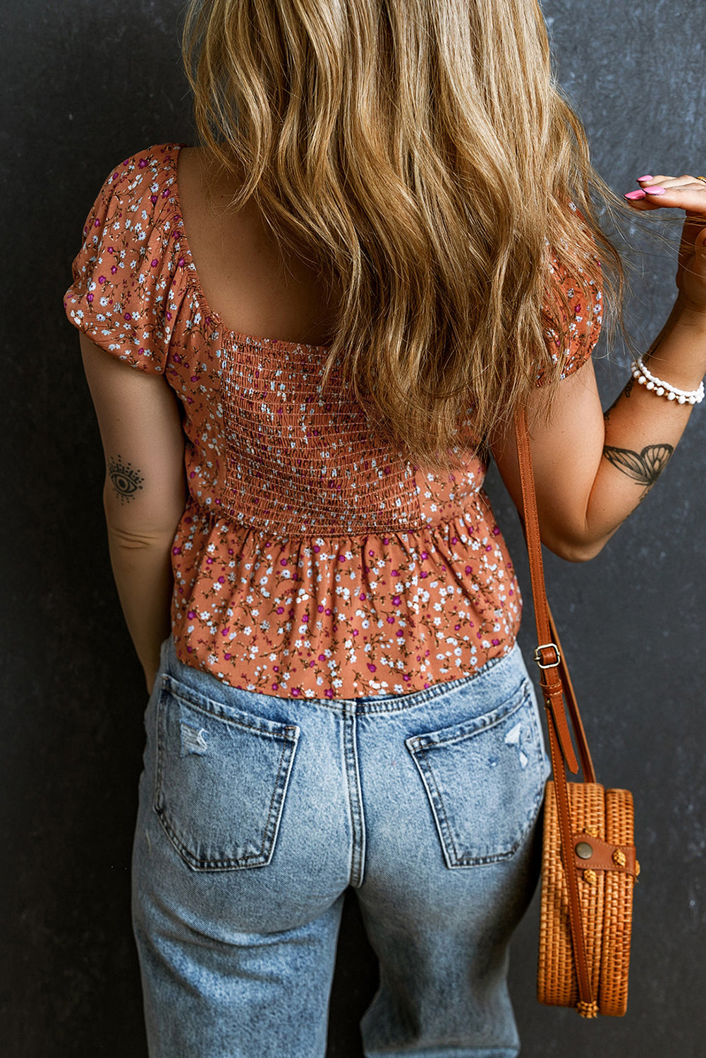 Floral Ruched Smocked Peplum Blouse