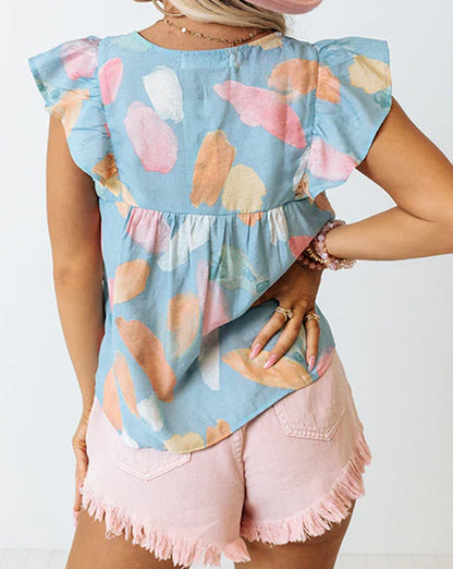 Abstract Ruffle Cap Sleeve Top