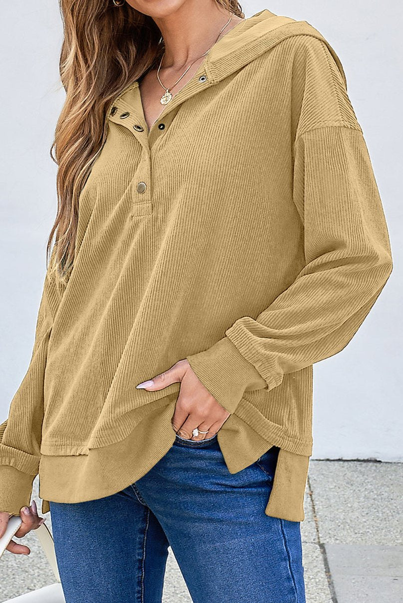 Solid Ribbed Knit Buttoned Hoodie