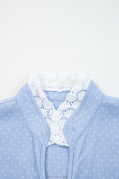 Dotted Denim Lace Trim Collared V-Neck Blouse