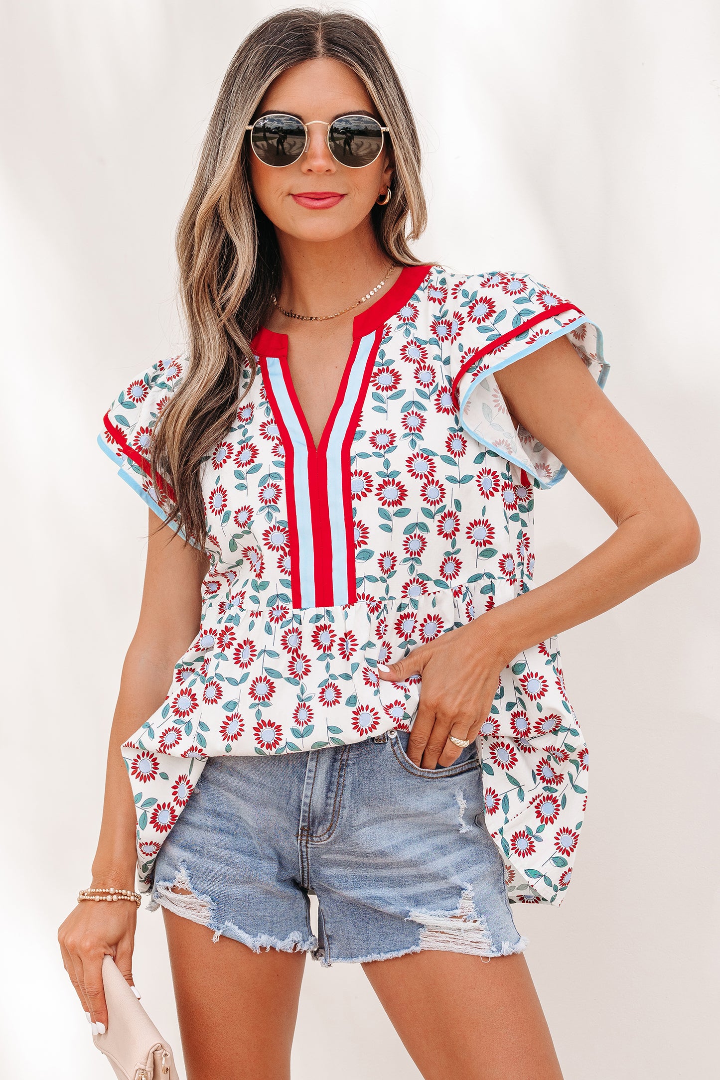 Floral Contrast Trim V-Neck Flutter Sleeve Blouse