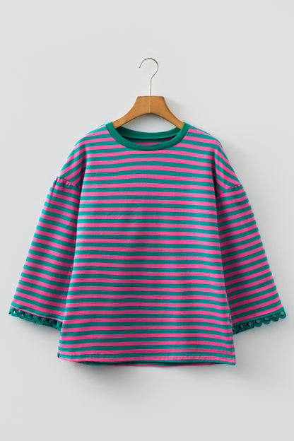 Stripe Lace Trim 3/4 Sleeve Top