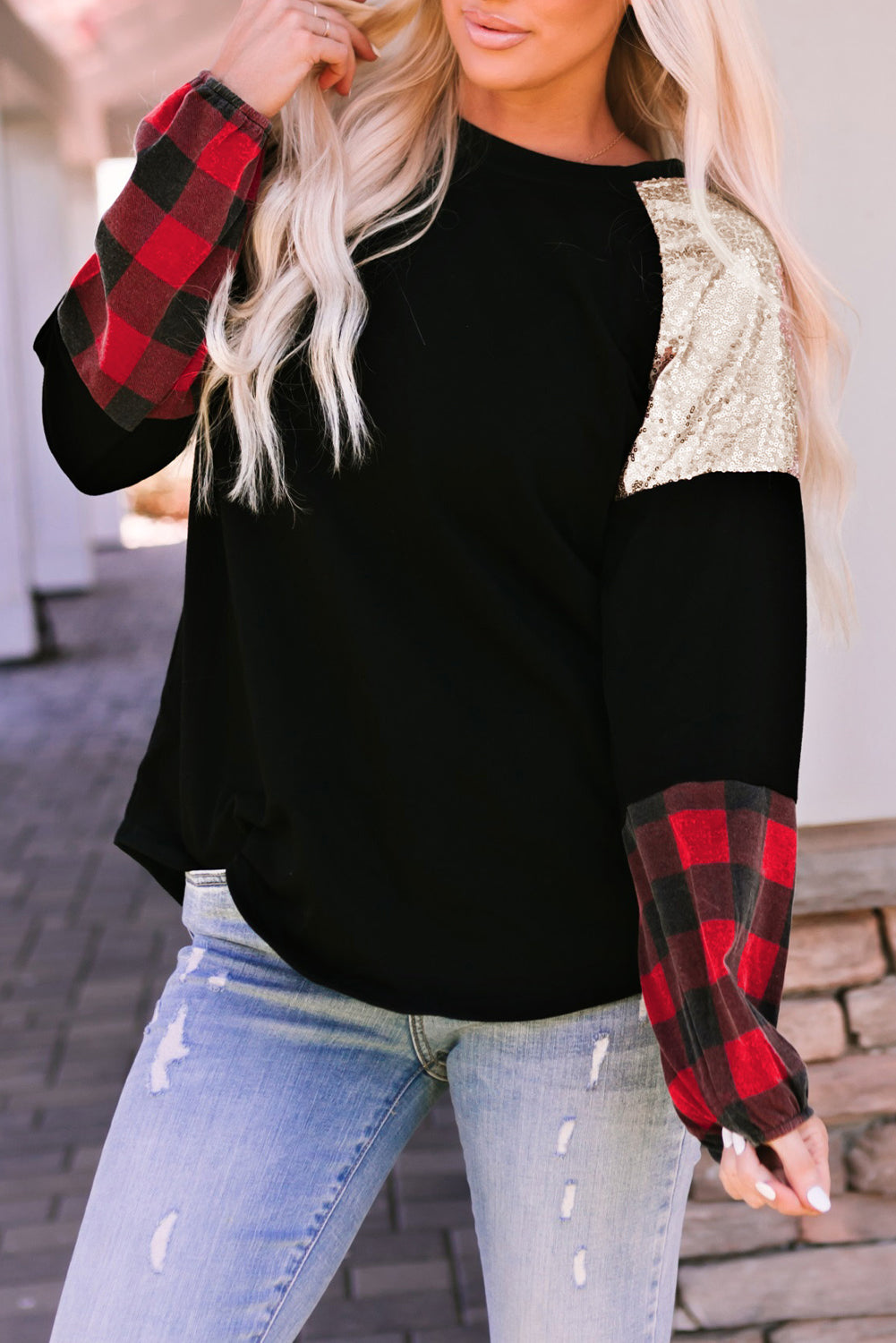 Sequin Plaid Patchwork Crewneck Blouse