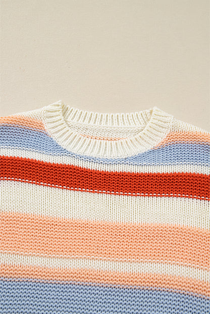 Stripe Colorblock Round Neck Drop Shoulder Sweater