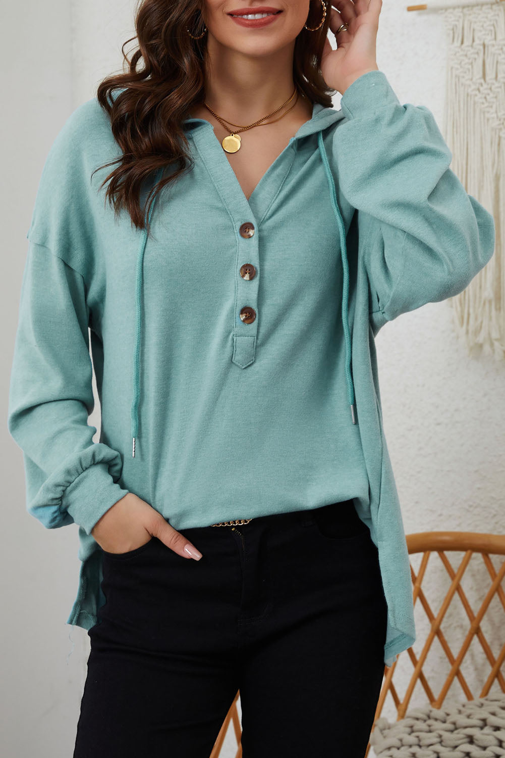 Half Buttoned High Low Hoodie