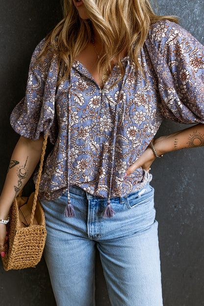 Floral Tassel Bubble Sleeve Blouse