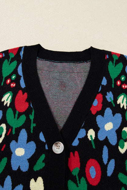 Floral Buttoned V-Neck Cardigan Sweater