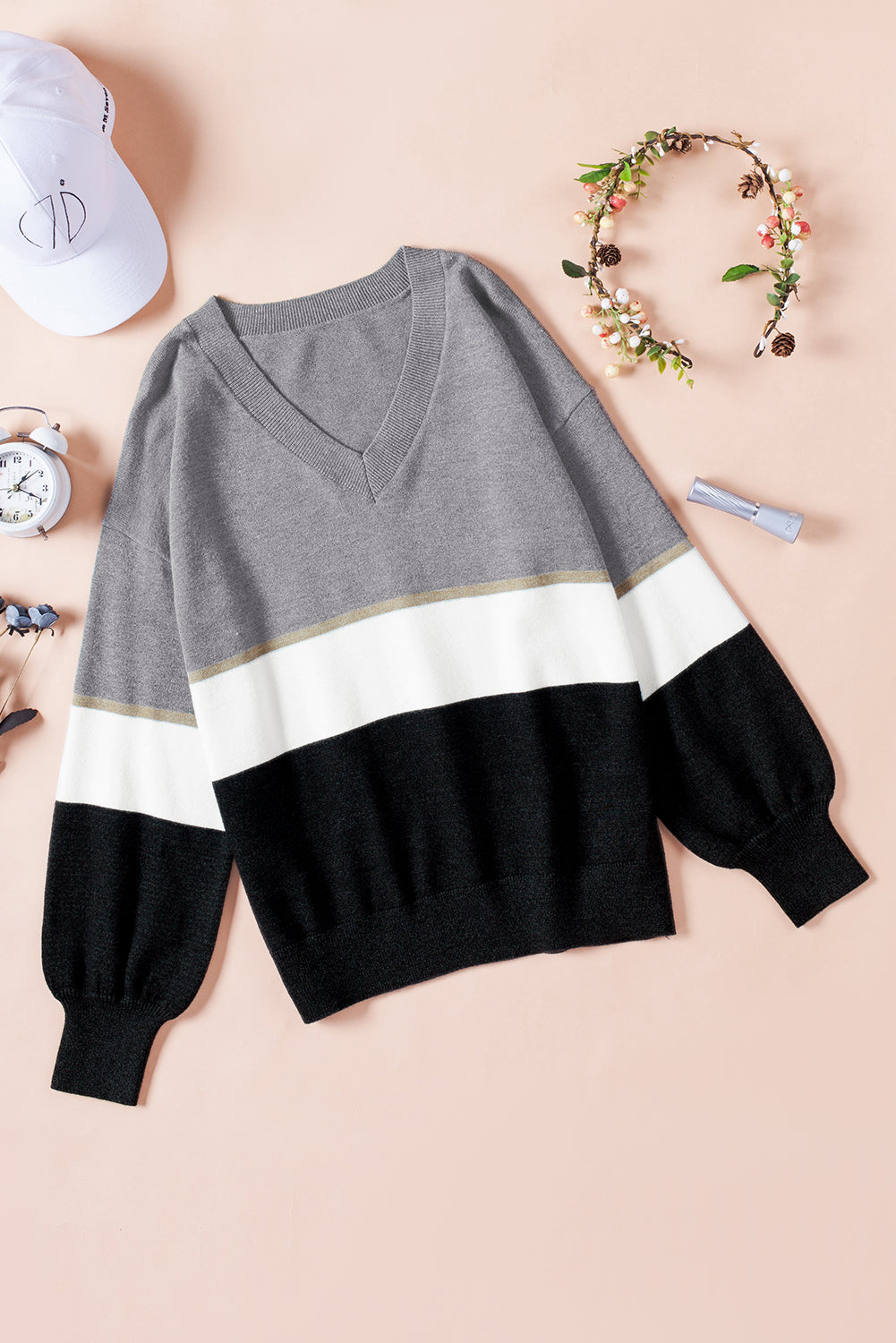 Colorblock Stripe V-Neck Sweater