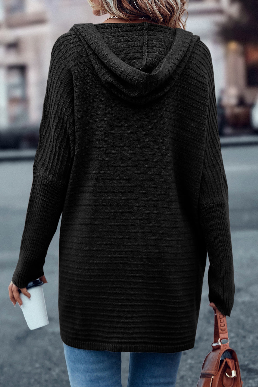 Ribbed Open Front Hooded Cardigan