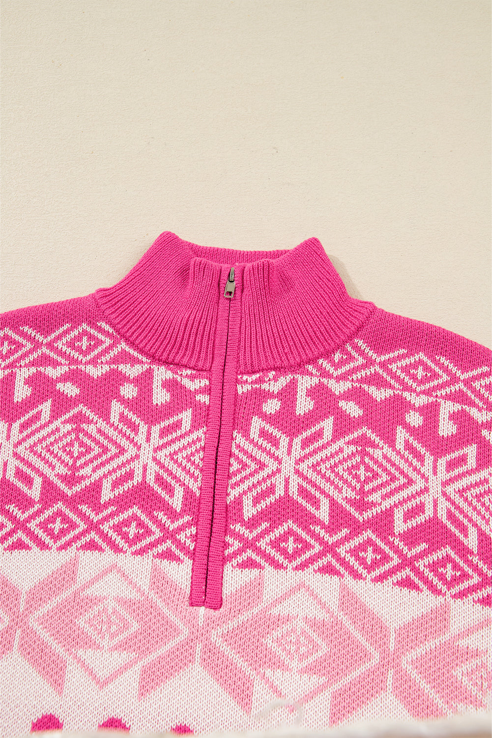 Geometric Christmas Snowflake Quarter Zip Collar Sweater
