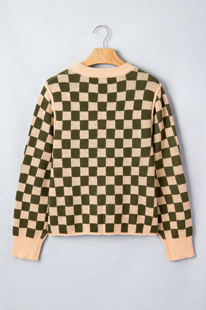 Checker Drop Shoulder Long Sleeve Knit Sweater