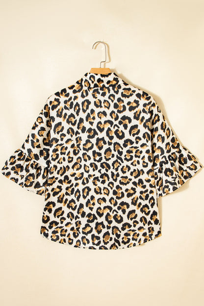 Leopard Ruffle Trim 3/4 Sleeve Buttoned Shirt