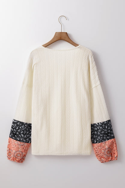 Floral Patchwork Textured Knit V-Neck Blouse
